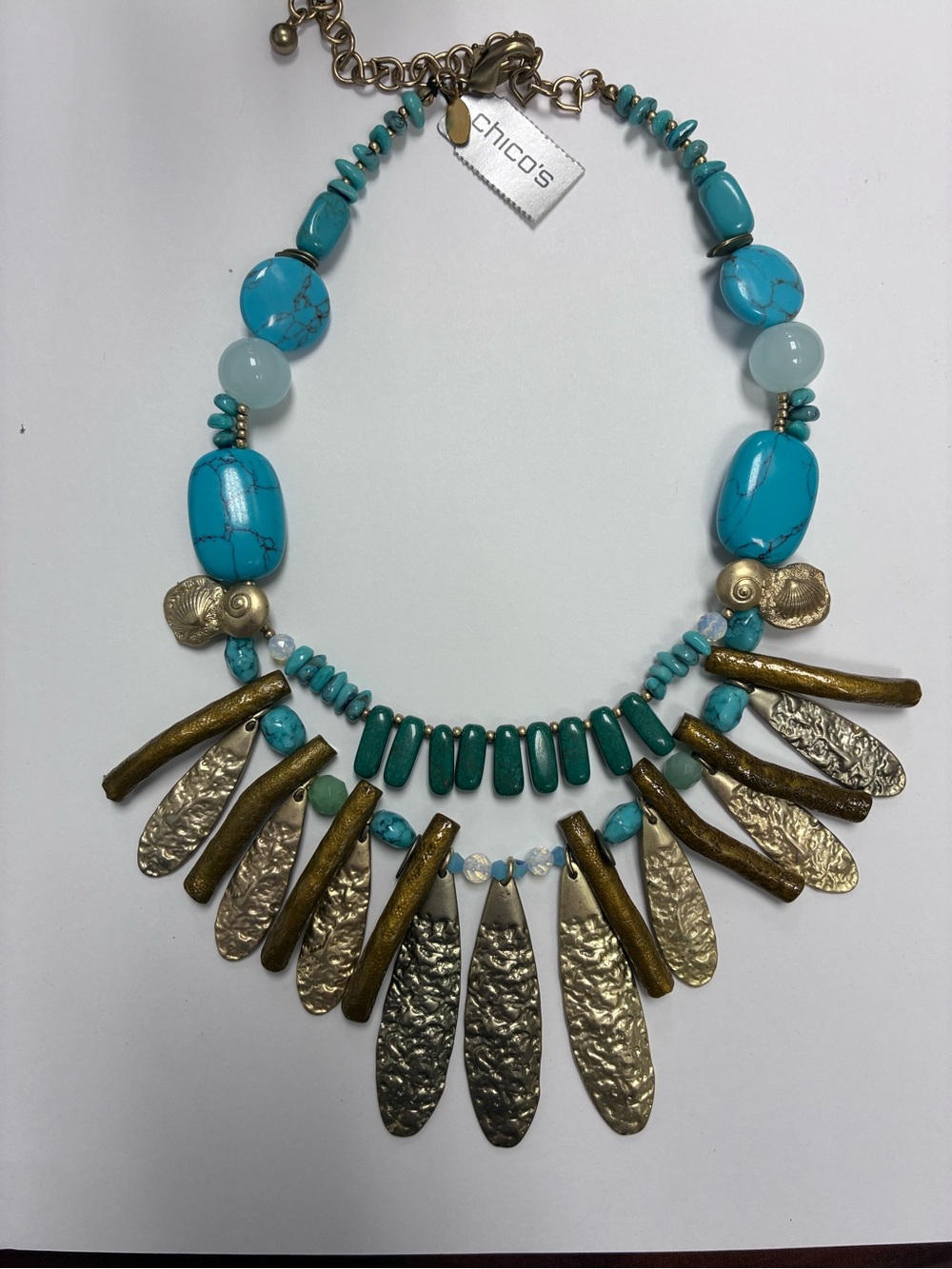 Chico's Abira Turquoise Gold Statement Bib Necklace Chunky Faux Coral NWT